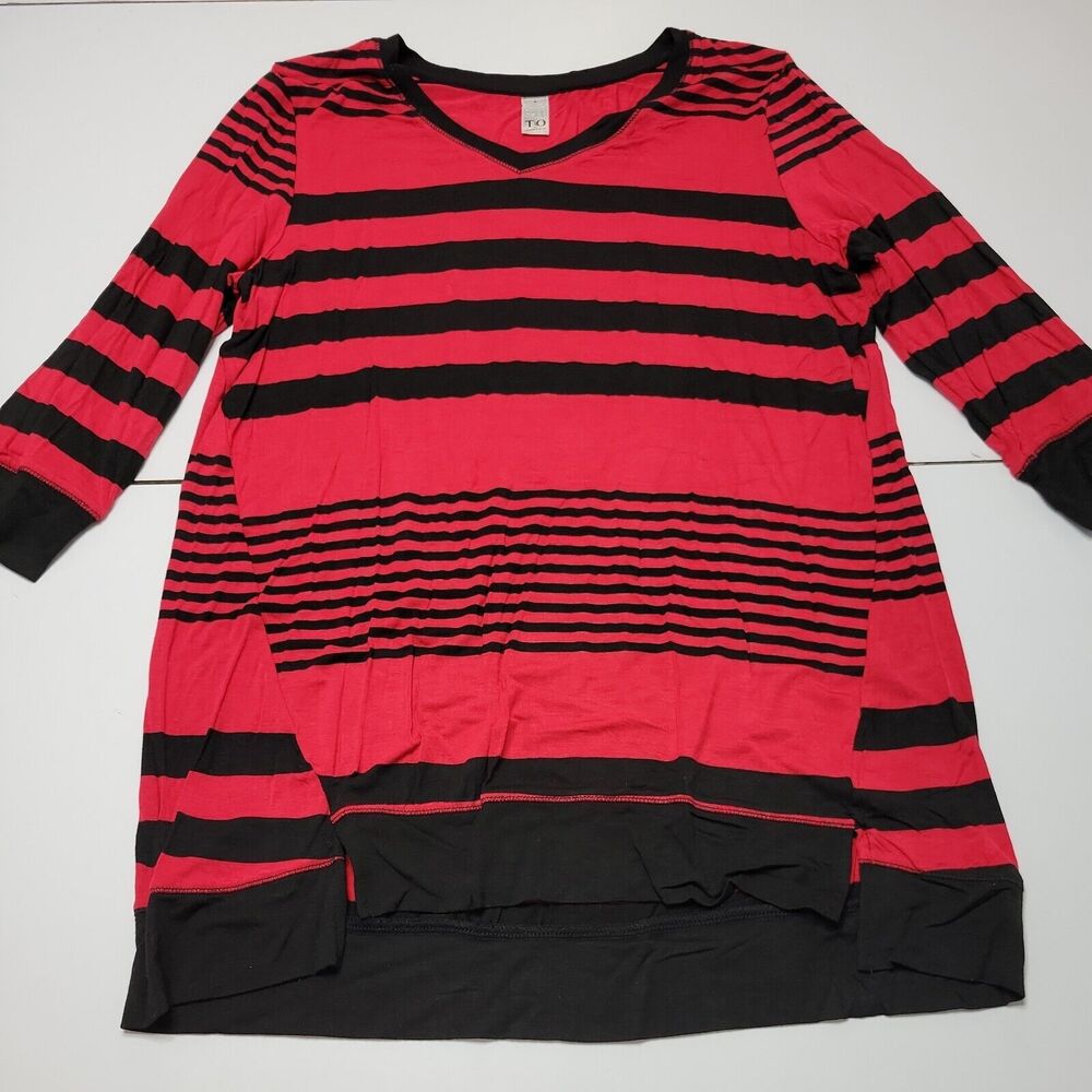 Thomas Olivia Women L Boho Tunic Top Red Black Stripe Jersey Comfort Stretch